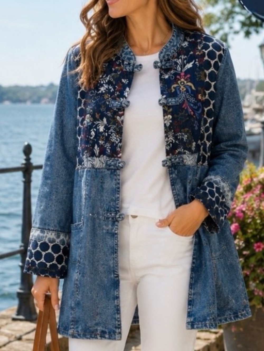 Artisan Patchwork Denim Jacket XL Boho Floral Mixed Print Lightweight Coat